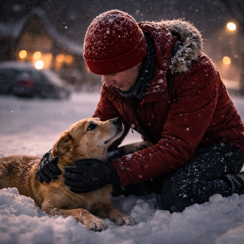 Окоченевший пёс уткнулся мордой в красный свитер